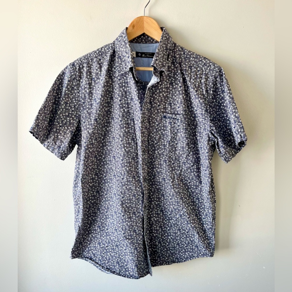 Ben Sherman Navy & Grey Micro-Floral Print Button-Down Shirt Size Med - Wedding